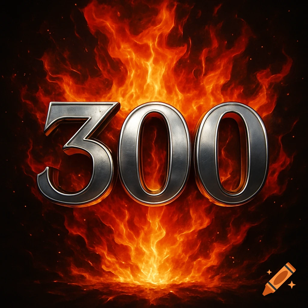 Metallic silver numbers '300' against a fiery background of red and orange flames.