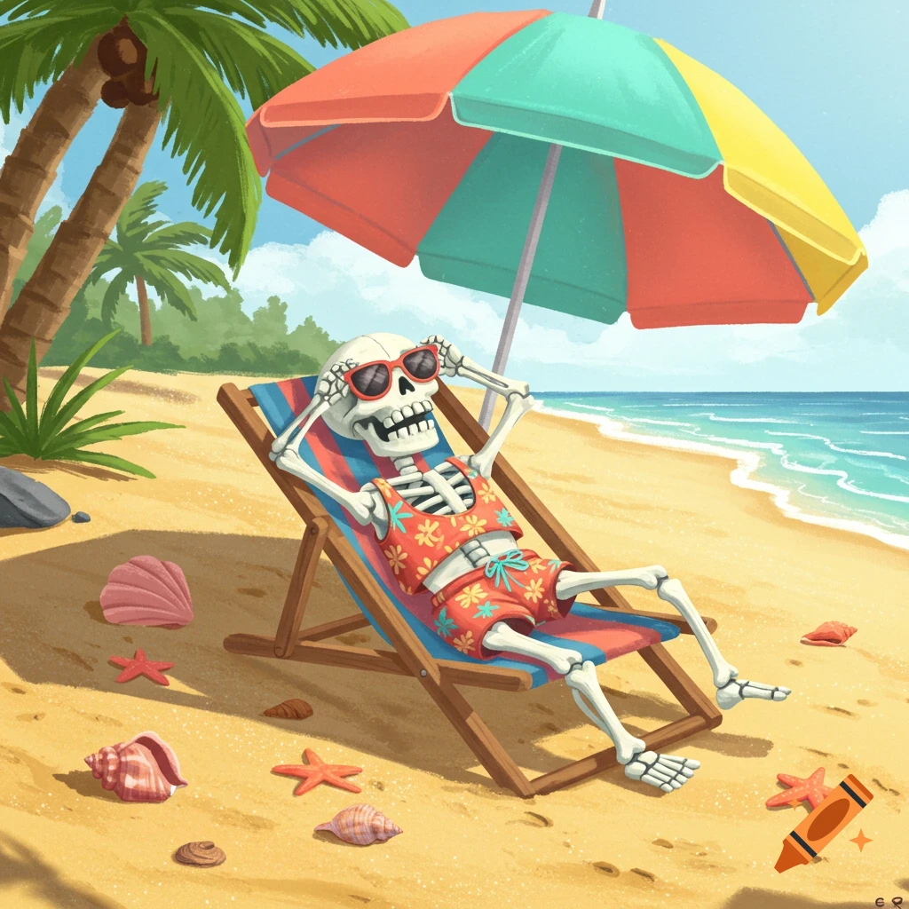 A cute cartoon skeleton in sunglasses and a swimsuit relaxes on a beach chair under a colorful umbrella on a sandy beach with palm trees.