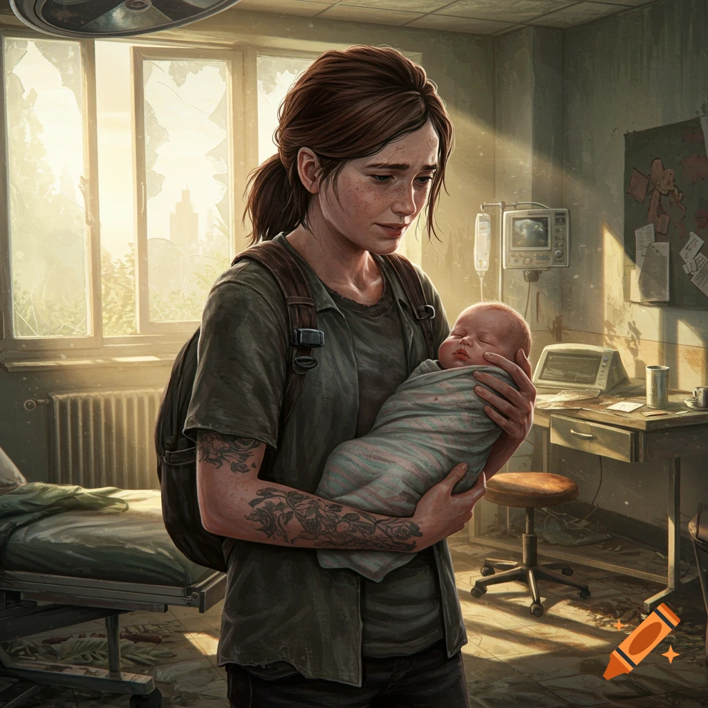 A woman with a backpack and tattoos cradles a swaddled baby in a dilapidated hospital room with broken windows, digital art.
