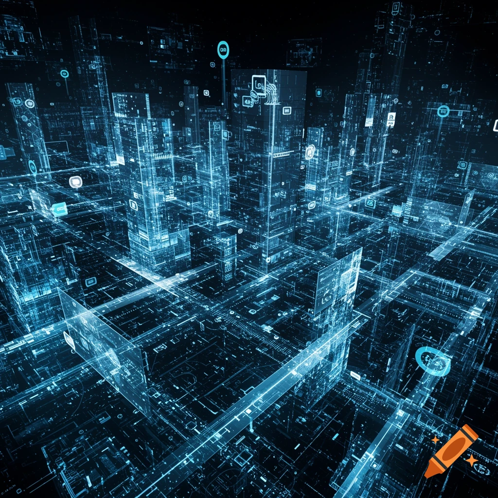 Abstract futuristic cityscape with glowing blue lines and translucent structures resembling a digital network.