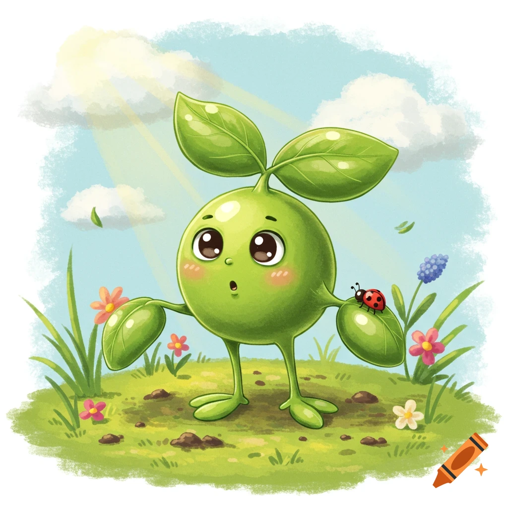A cute green cartoon sprout character with large eyes stands in a vibrant grassy field with flowers and a ladybug on its arm under a sunny sky.
