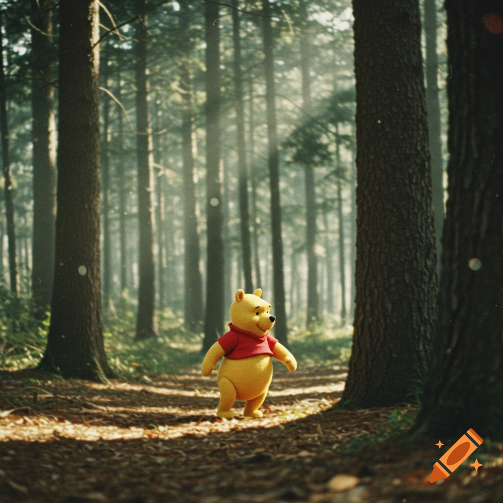 Winnie the Pooh walks through a sunny forest, captured in a blurry 8mm film style.