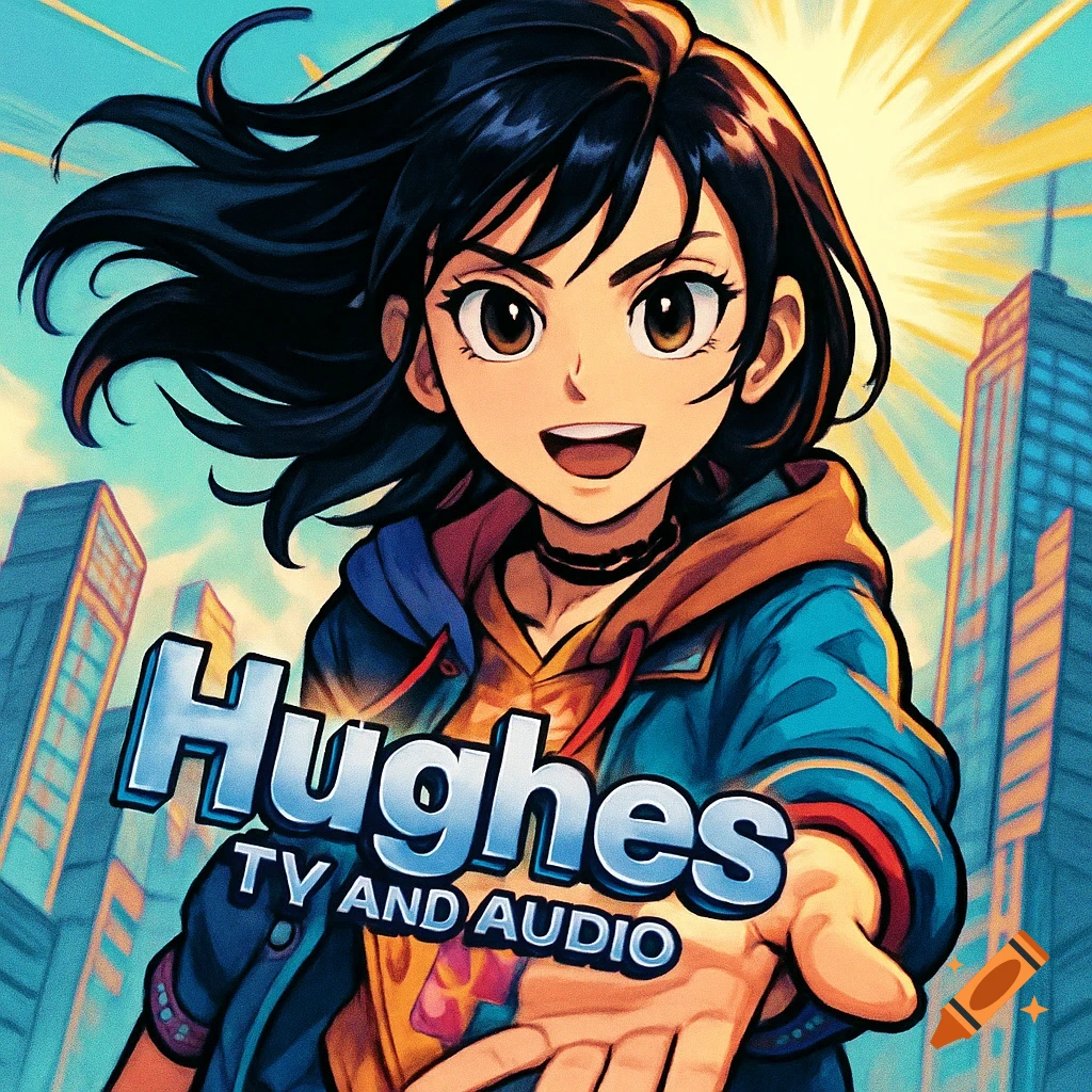 A manga-style teen girl in a city, smiling with an outstretched hand featuring the "Hughes TV and Audio" logo.