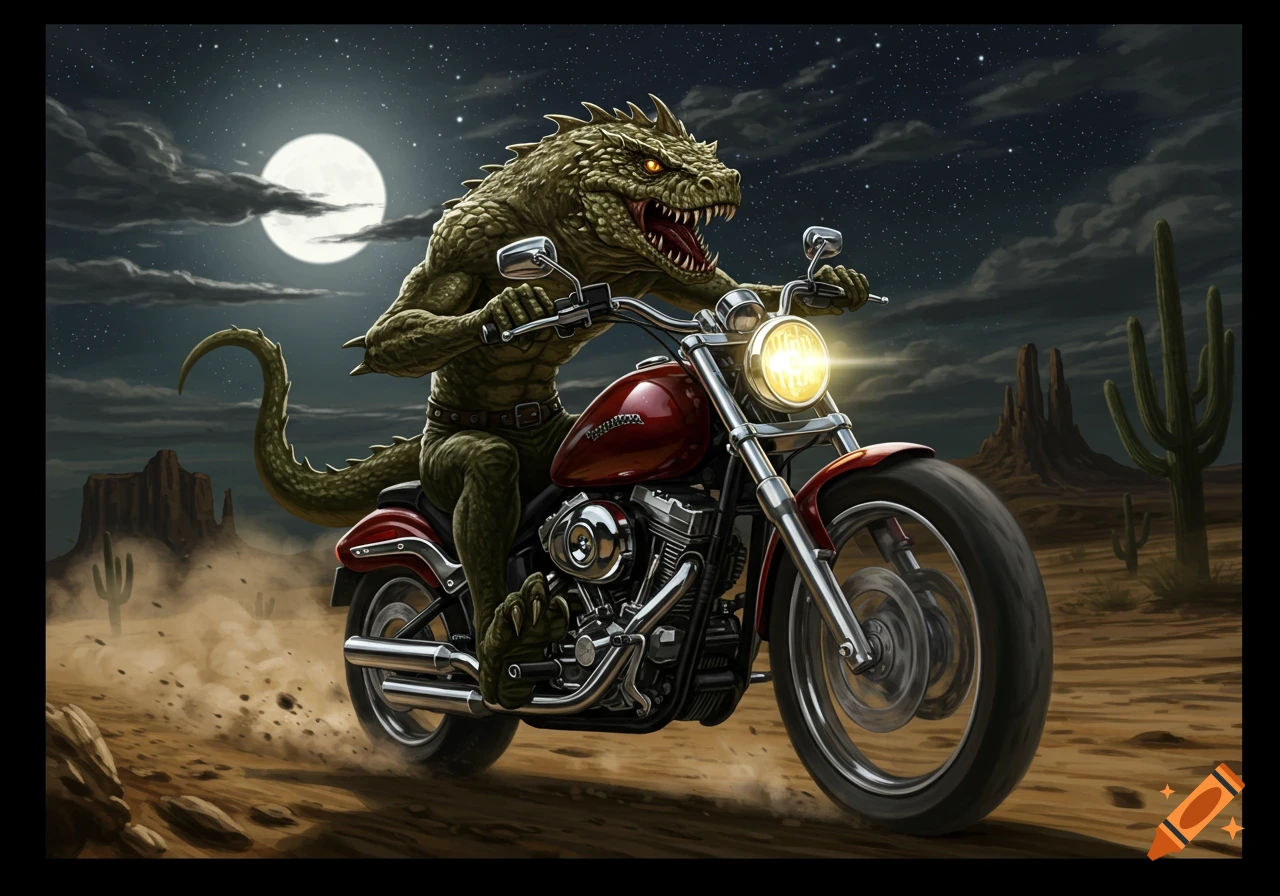 A reptilian chupacabra rides a red motorcycle through a dusty desert landscape at night under a full moon and starry sky.