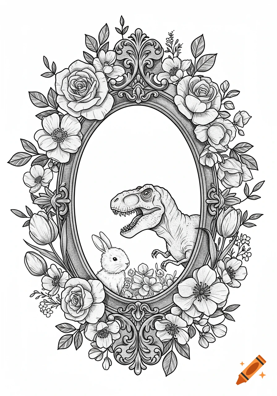 A black and white line art tattoo design featuring an ornate floral oval frame with a bunny and a T-Rex inside.