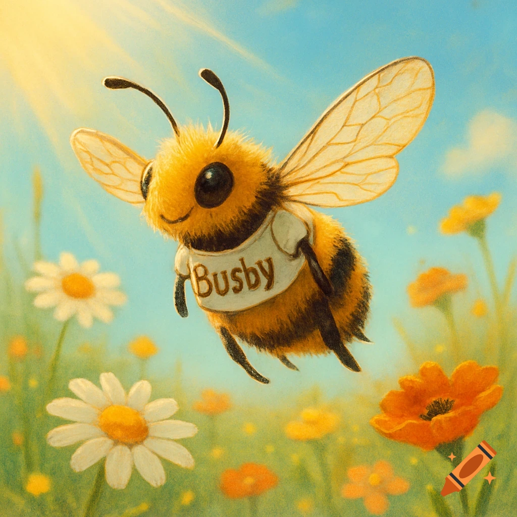 A fluffy, cute bee in a white shirt with 'Busby' written on it, flying in a sunny meadow with white and orange flowers.