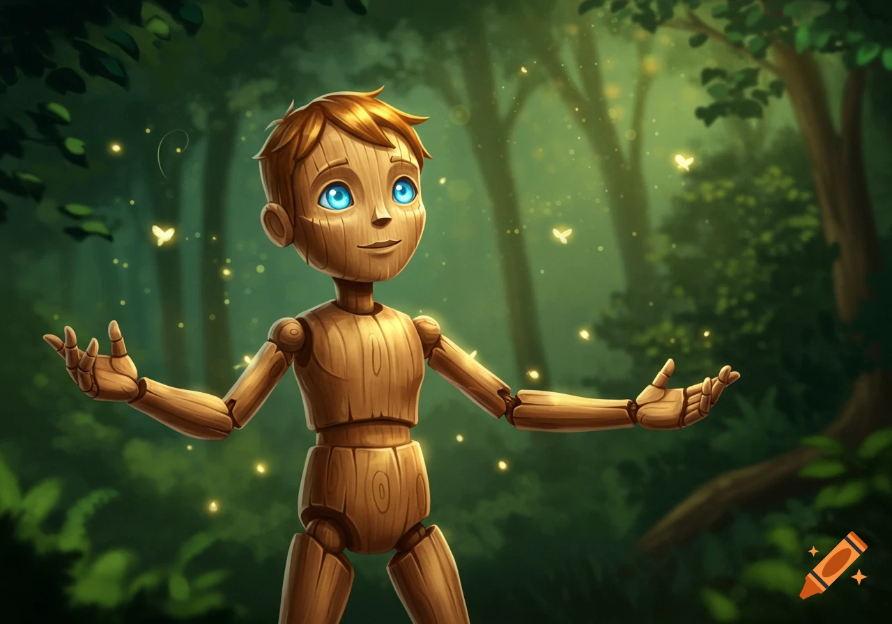 A wooden puppet with blue eyes smiles with outstretched arms in a magical forest with glowing lights.