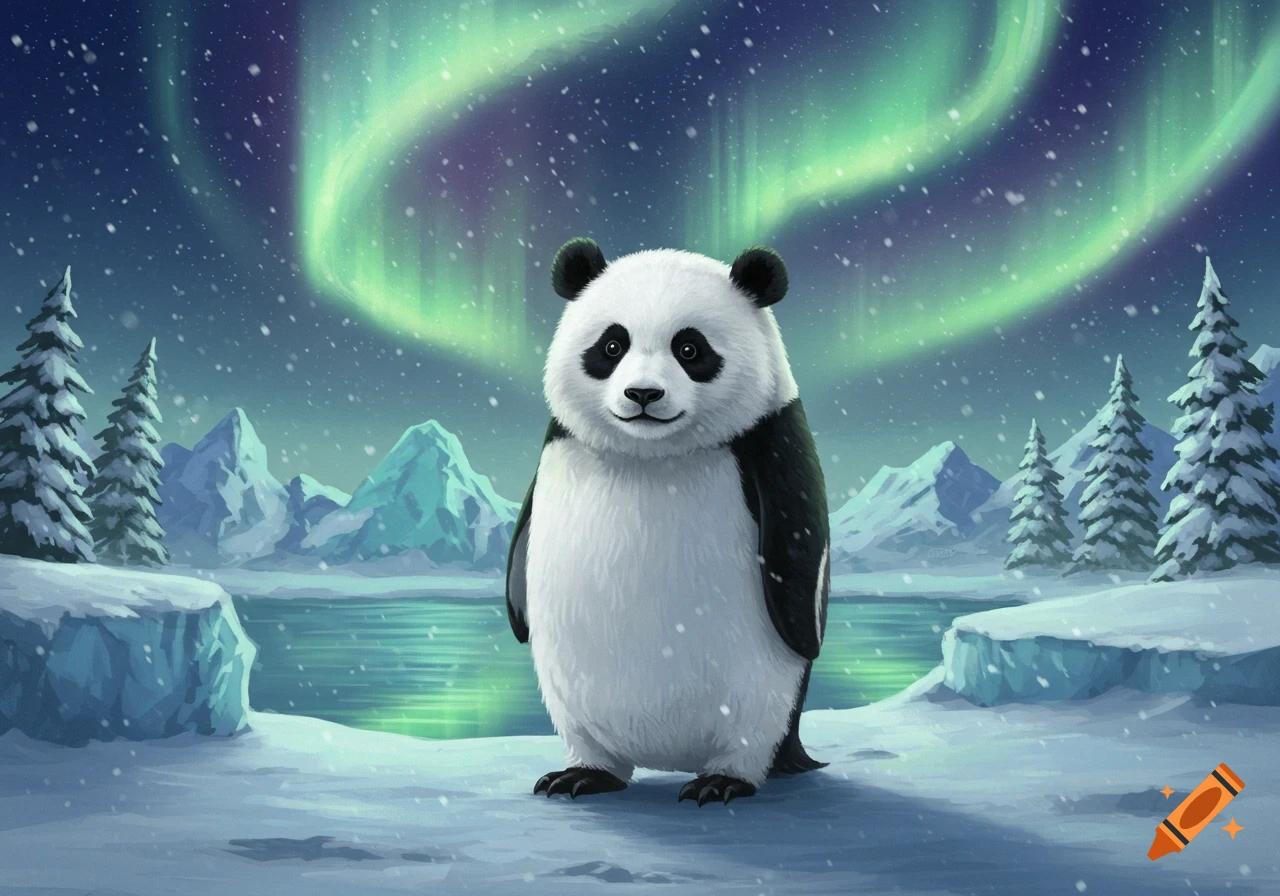 A cute panda-like creature stands in a snowy arctic landscape under a vibrant green aurora borealis.