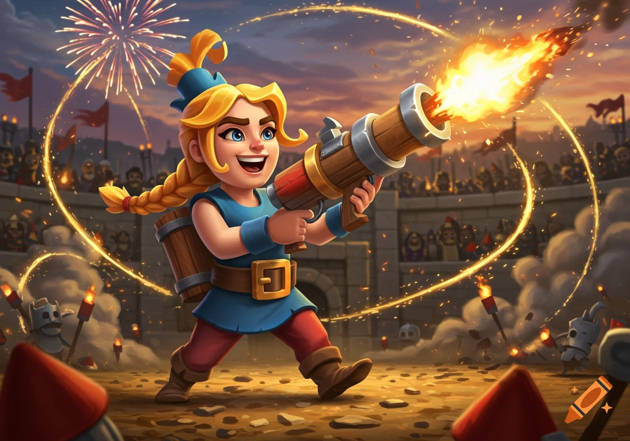 A cheerful blonde cartoon girl, Firecracker from Clash Royale, fires a large cannon in a crowded arena with fireworks.