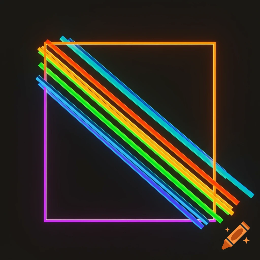 Abstract digital art featuring a glowing orange and purple square with a rainbow of diagonal neon lines crossing it on a dark background.