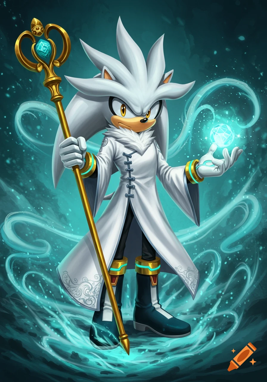 Silver the Hedgehog in a white robe holding a golden staff and a glowing blue orb, surrounded by blue energy.