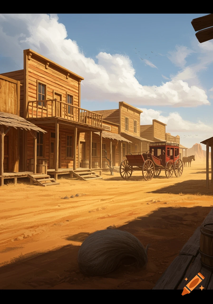 A classic Wild West town with wooden buildings, a dirt road, and a red stagecoach, under a blue sky with clouds.