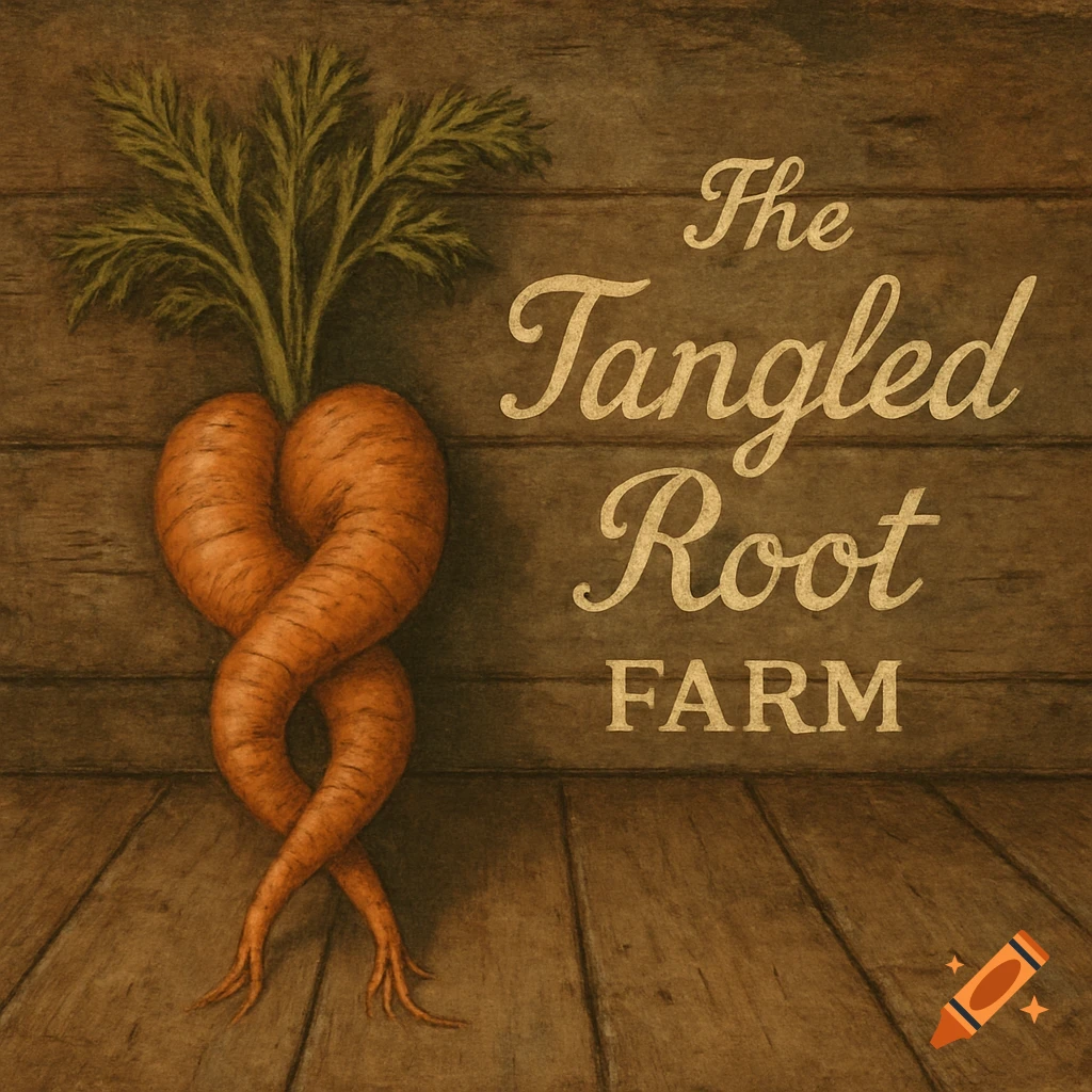 Two intertwined carrots on a wooden background, with the text "The Tangled Root Farm" in a vintage cursive font.