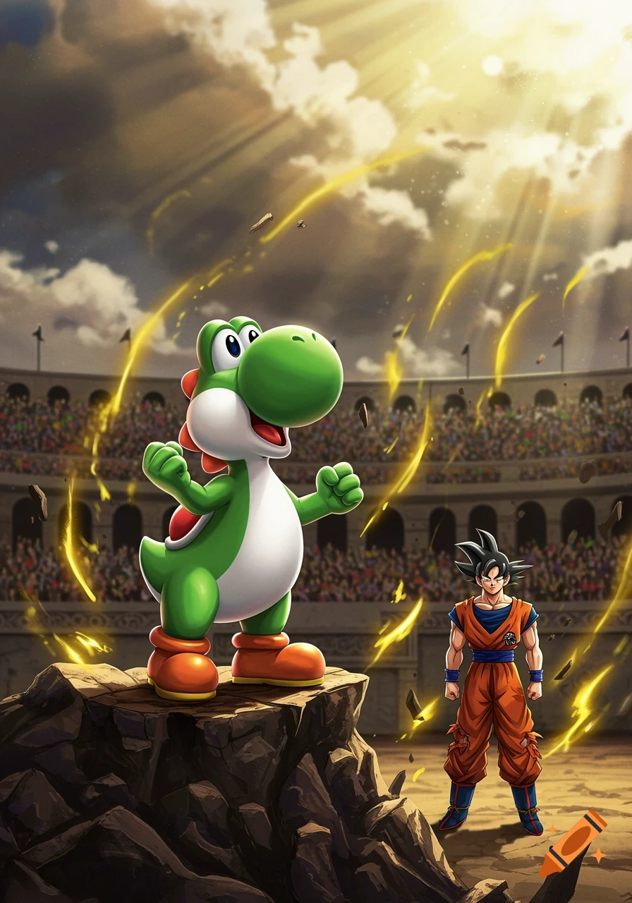 Yoshi stands triumphantly on a rock in a large arena while Goku stands on the ground, under a bright, cloudy sky in an anime style.
