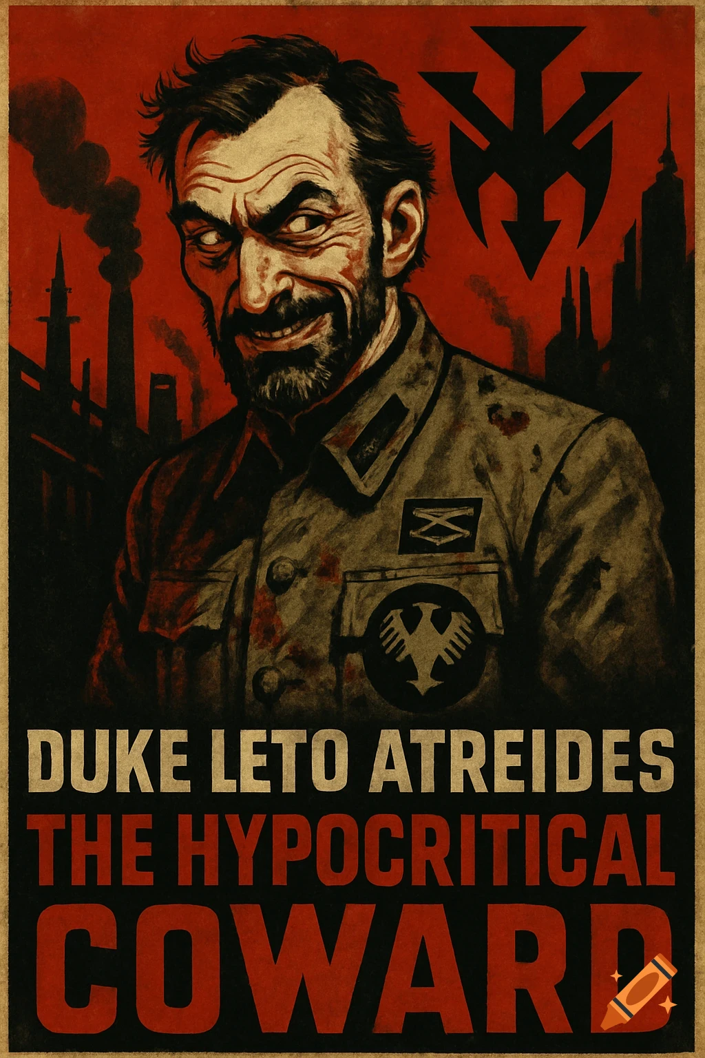 Vintage-style propaganda poster of a sinister man with text 'Duke Leto Atreides The Hypocritical Coward'.