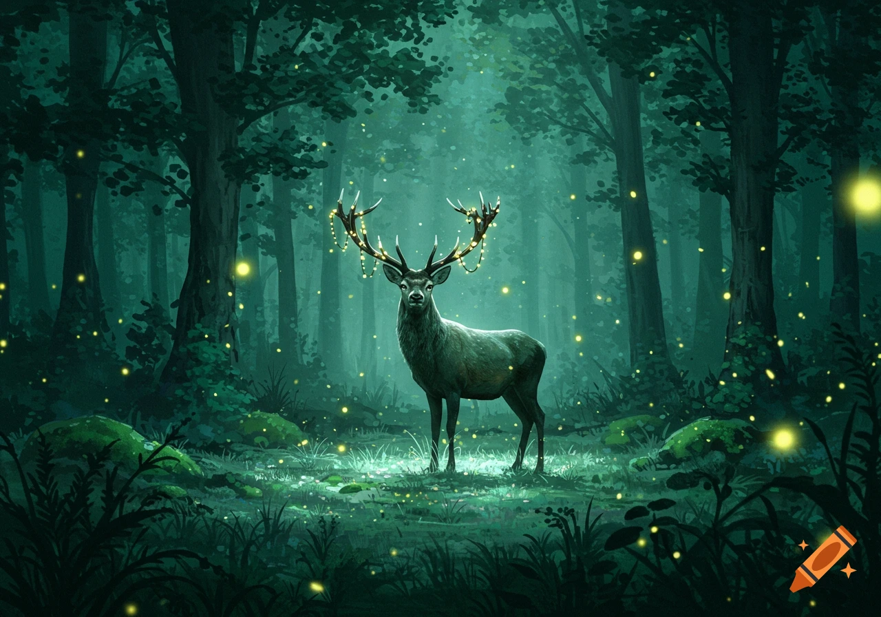 A majestic deer with glowing lights on its antlers stands in a mystical, dark forest with fireflies.