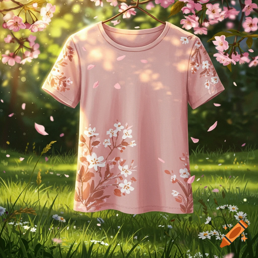 A pink t-shirt with white and brown floral designs hangs on a hanger under blooming cherry trees with falling petals in a sunny grassy field.