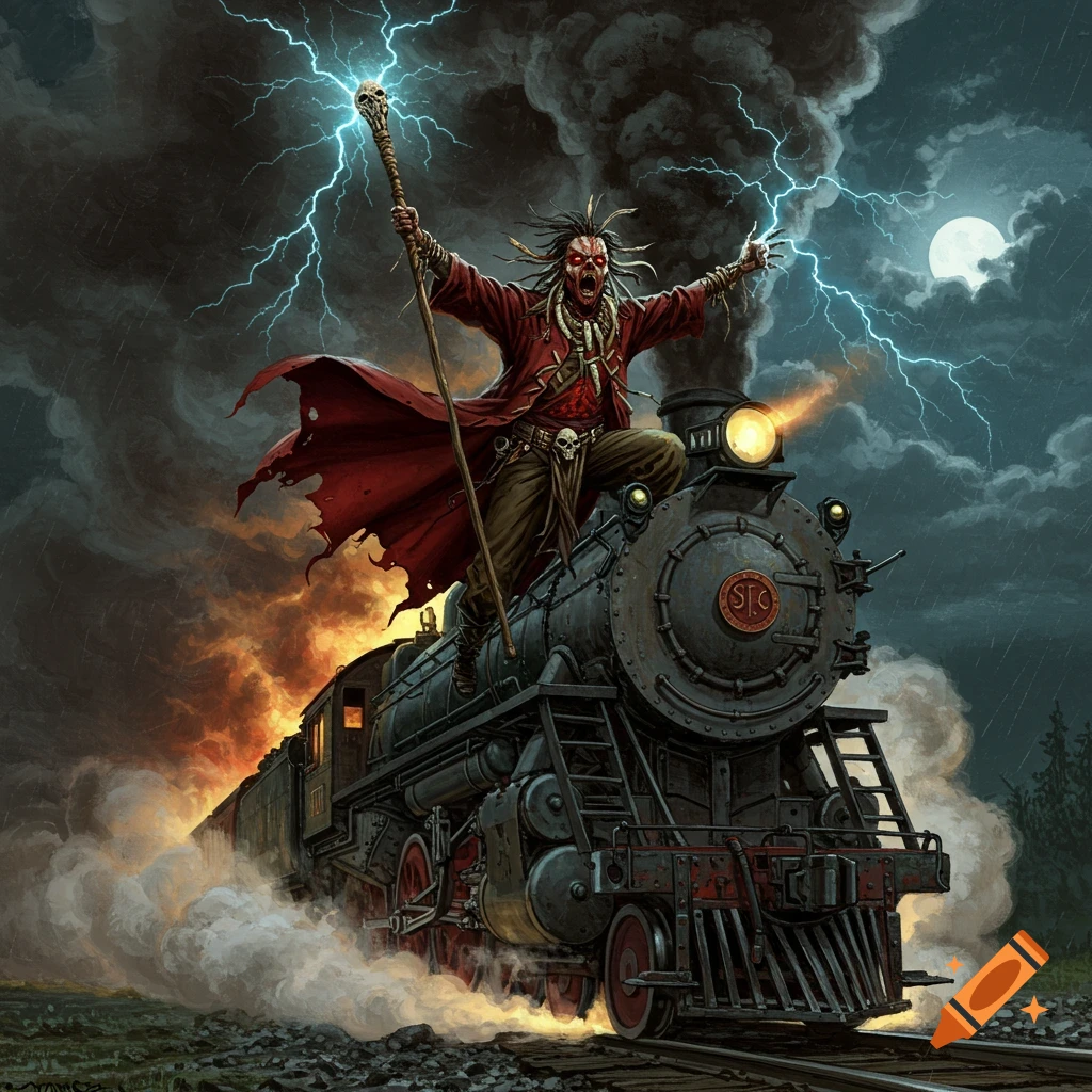 A grotesque voodoo figure on a speeding steam train at night with lightning and smoke. Dark fantasy art style.