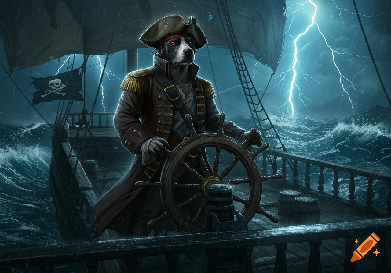 A black and white dog dressed as a pirate captain steers a ship during a stormy night with lightning in the sky.