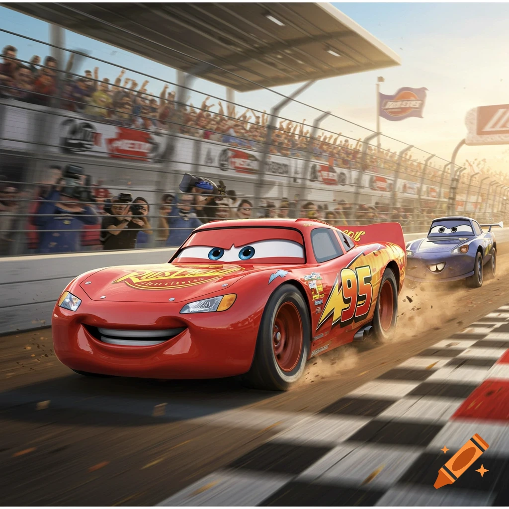 Lightning McQueen races Jackson Storm on a detailed animated race track with a cheering crowd in the background.