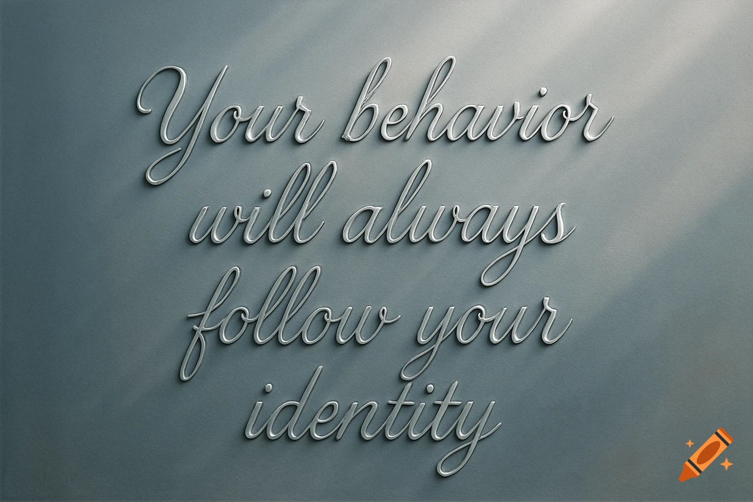 Silver cursive text on a dark gray background reads: "Your behavior will always follow your identity."