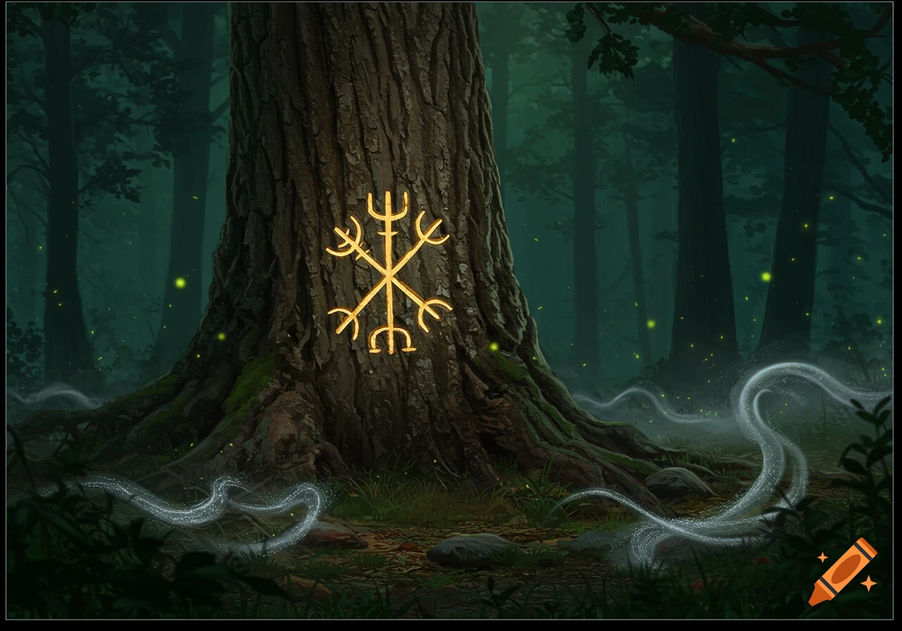 A glowing golden tribal symbol carved into the trunk of a large tree in a dark, mystical forest with glowing fireflies and swirling mist.