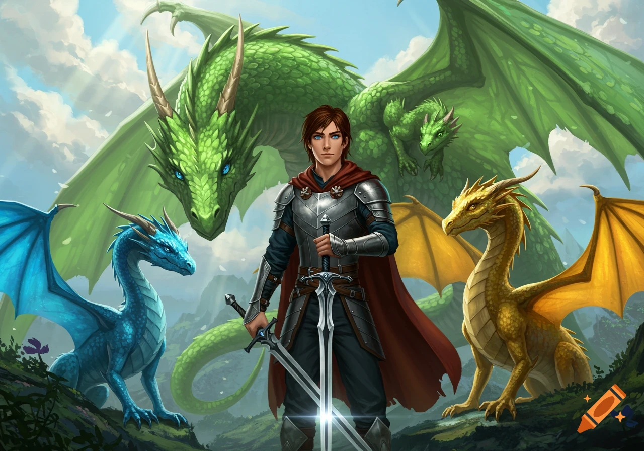 A young man in armor with a sword stands among a large green dragon, a blue dragon, a golden dragon, and a small green dragon in a fantasy landscape.