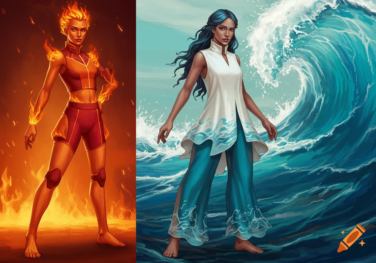 Two elemental women, one with fire hair and orange-red clothing against a fiery background, the other with blue hair and white-blue clothing against a crashing wave background.