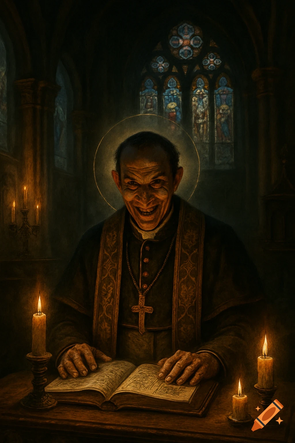A creepy priest with an evil grin sits at a candlelit table, hands resting on an open book in a dark church.