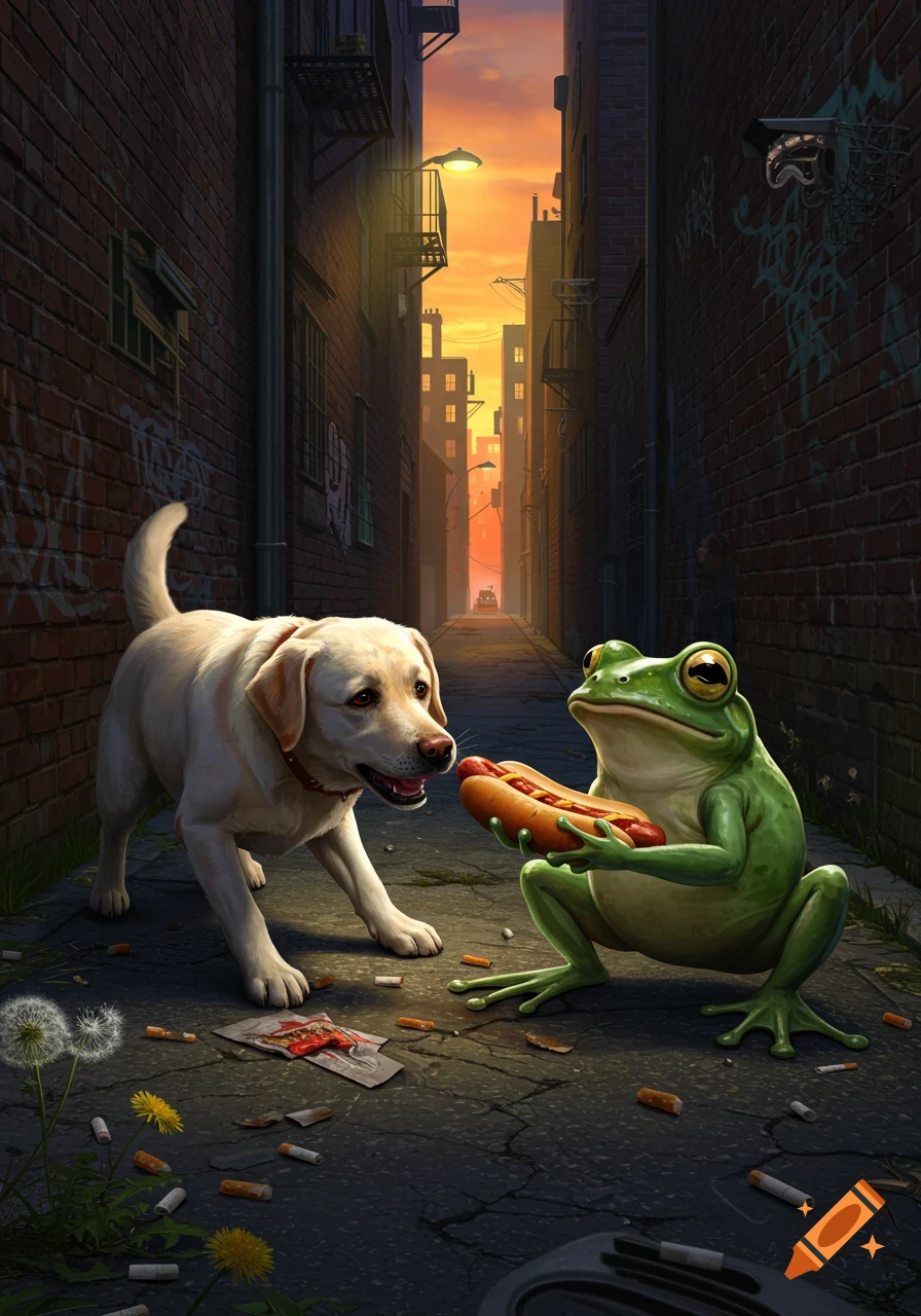 A white labrador dog approaches a green frog holding a hotdog in a gritty city alley at sunset. Cigarette butts and dandelions litter the ground.
