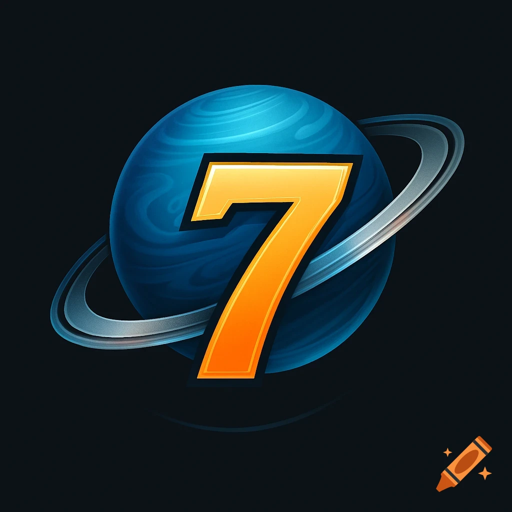 A stylized orange number 7 in front of a blue planet with rings on a dark background.