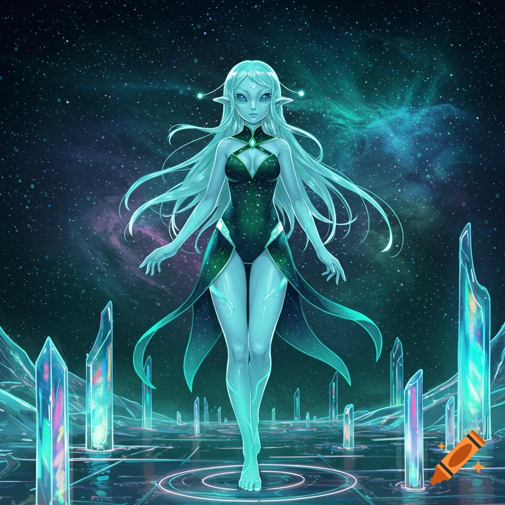 An ethereal blue-skinned alien anime girl with long flowing hair stands in a starry cosmic landscape with glowing crystals.