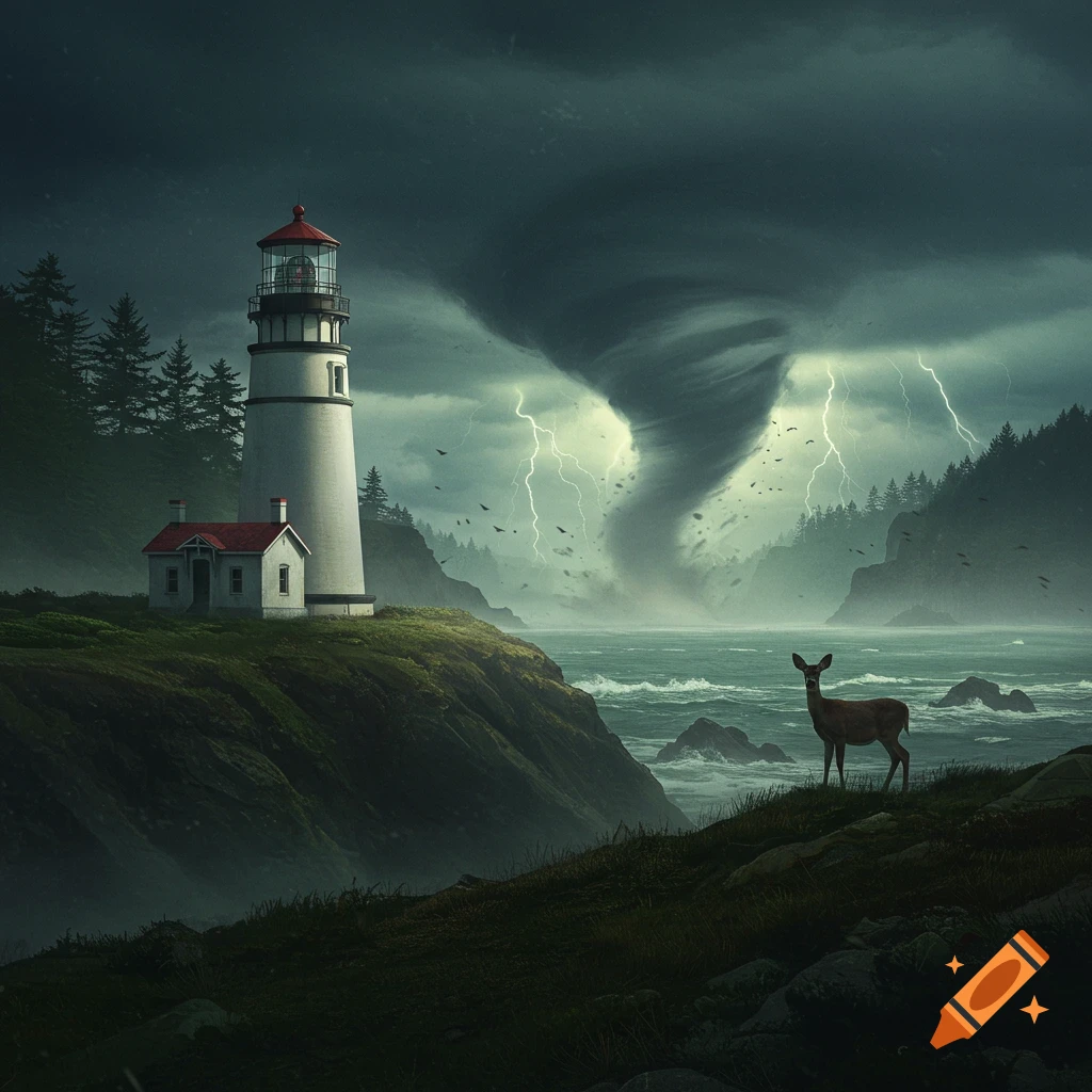 A photorealistic depiction of a lighthouse and house on a cliff overlooking a stormy ocean with a tornado and lightning, a deer stands in the foreground.