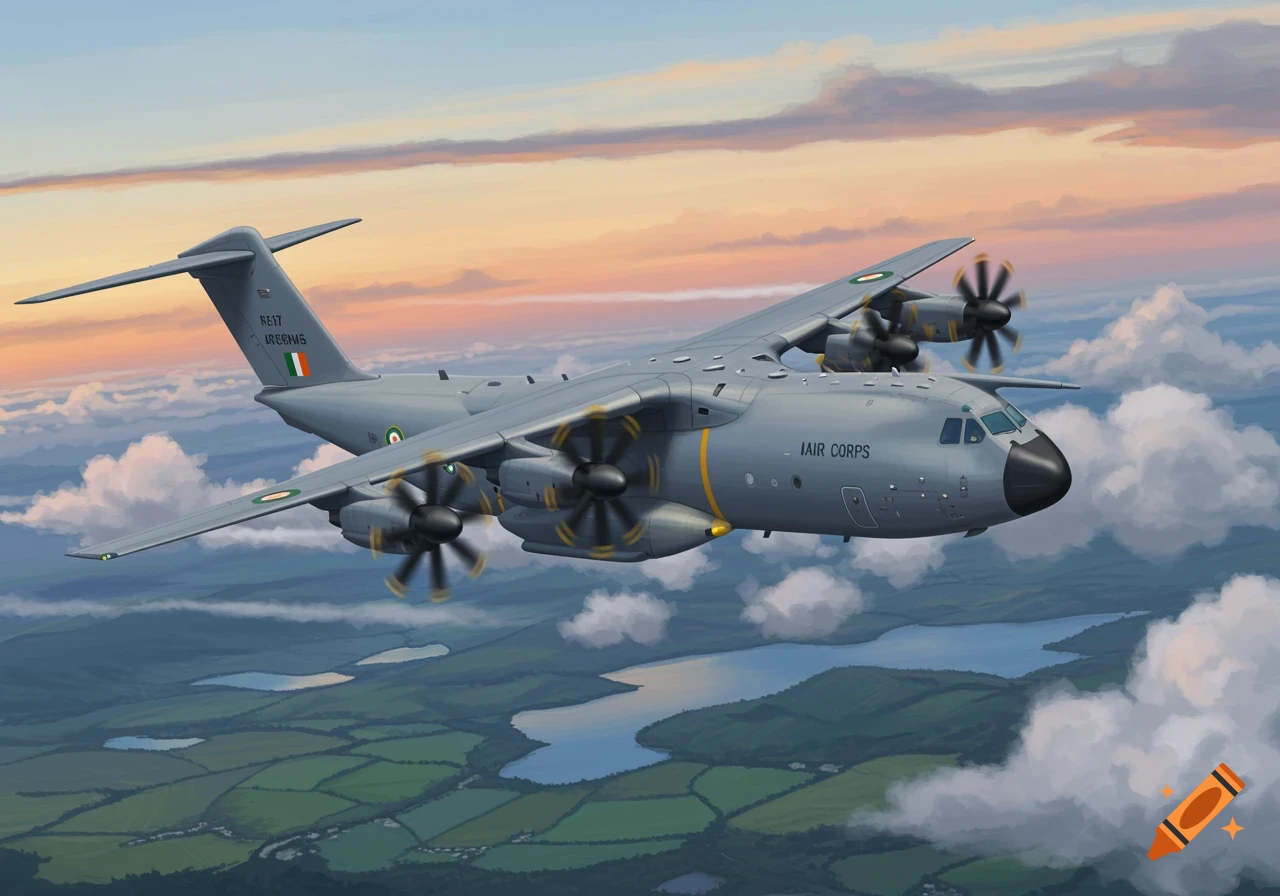 A grey Airbus A400M military transport aircraft flying over a green landscape with lakes at sunset, with Irish roundels on the tail and wings.