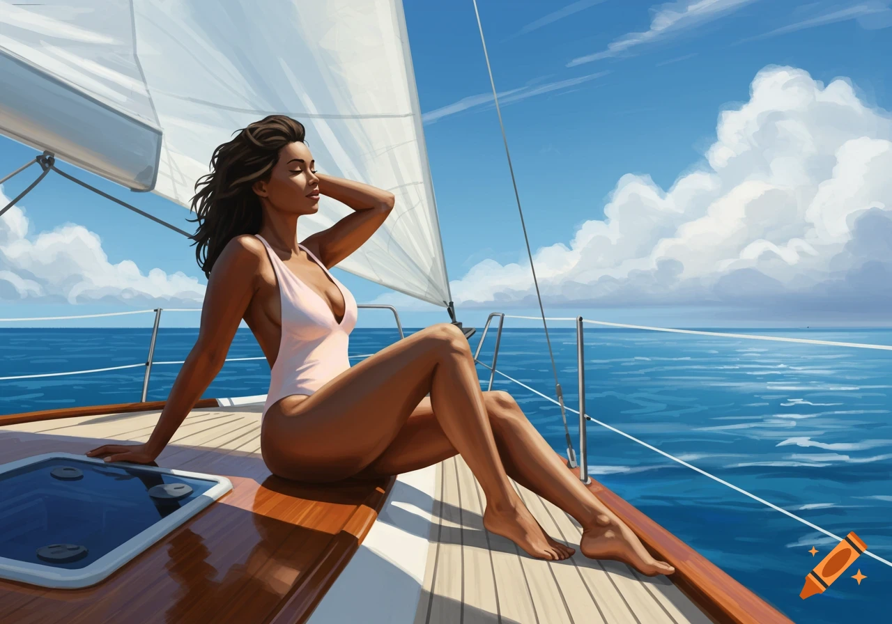 A woman in a light-colored swimsuit sits on the deck of a sailboat under a bright blue sky, with the ocean in the background.