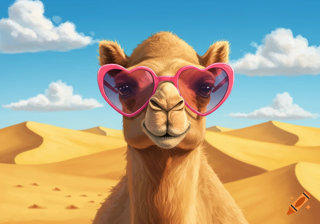 A close-up of a camel wearing pink heart-shaped sunglasses, smiling in a sunny desert landscape under a blue sky.