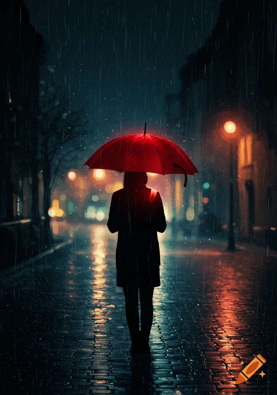 Silhouette of a person with a red umbrella walks on a wet, cobblestone street at night in the rain, illuminated by streetlights.