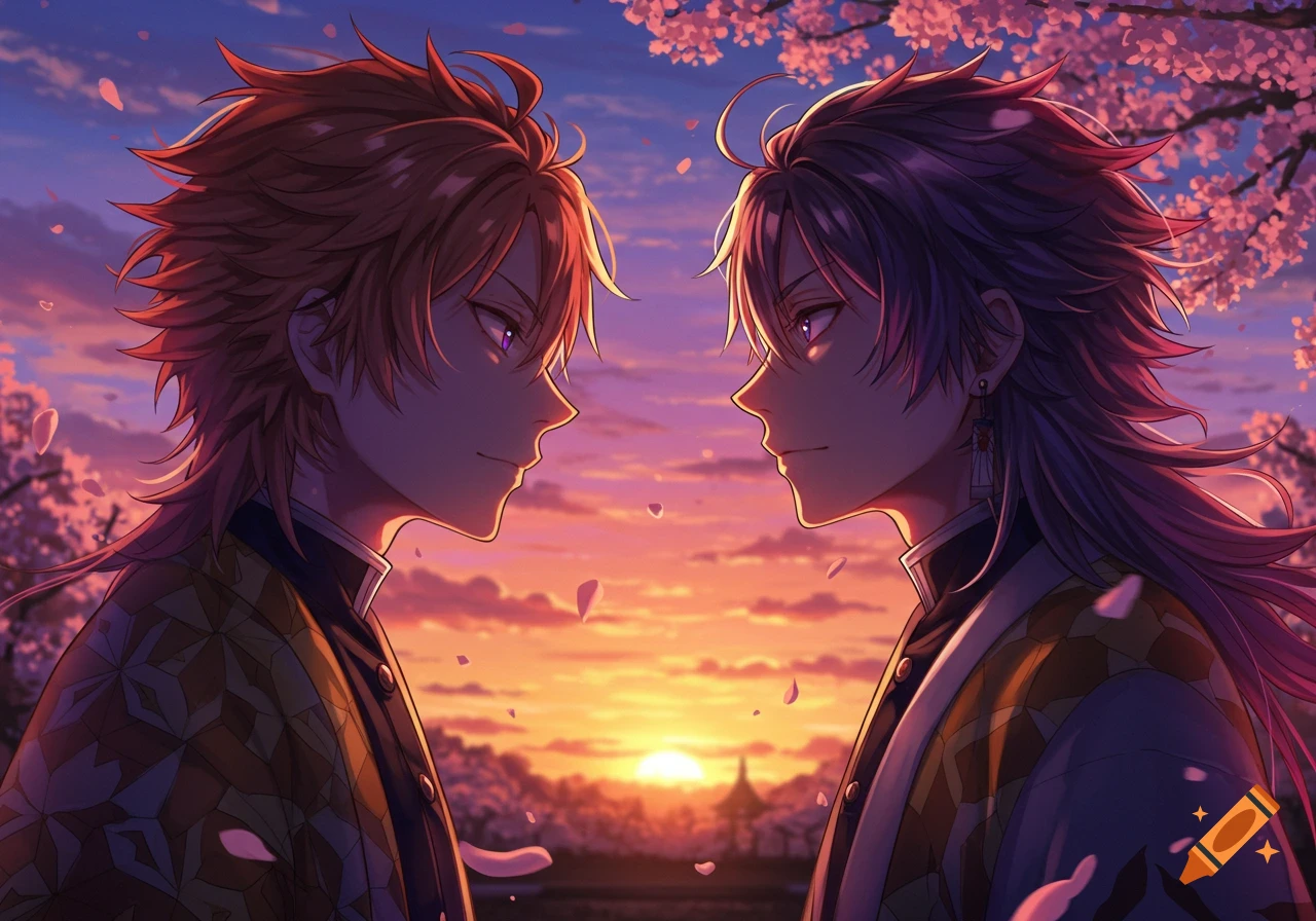 Two anime characters with spiky hair and glowing eyes face each other against a vibrant sunset and cherry blossoms.