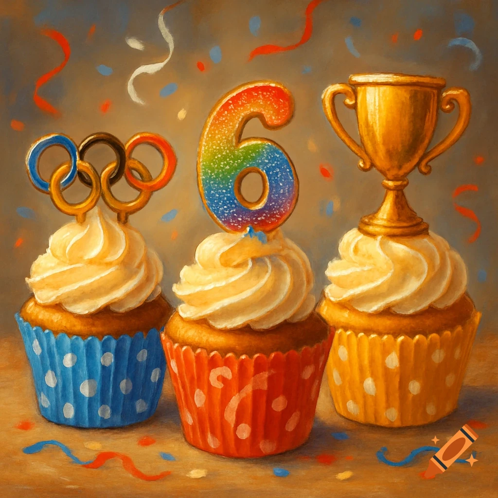 Three painterly cupcakes: one with Olympic rings, one with a rainbow number 6, and one with a golden trophy, amidst confetti.