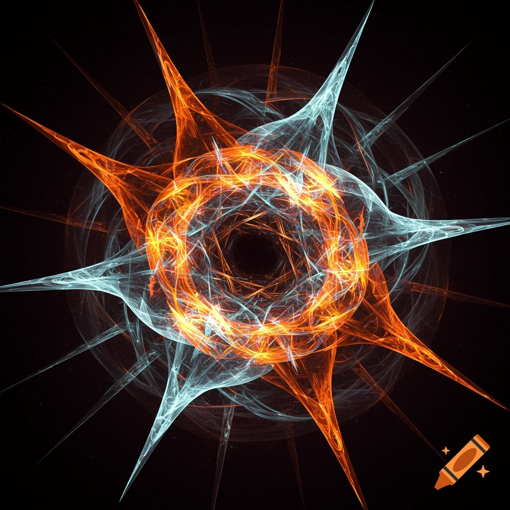 A vibrant abstract fractal design with orange and light blue spiky, swirling shapes against a dark background.