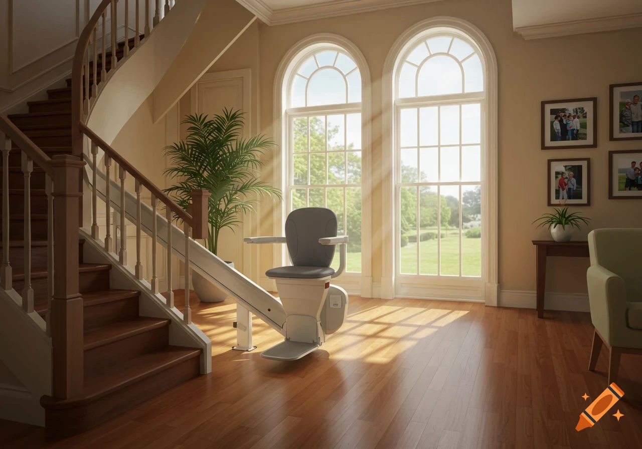 A photorealistic image of a spacious home entryway with a wooden staircase and a stairlift, illuminated by sunlight from large arched windows.