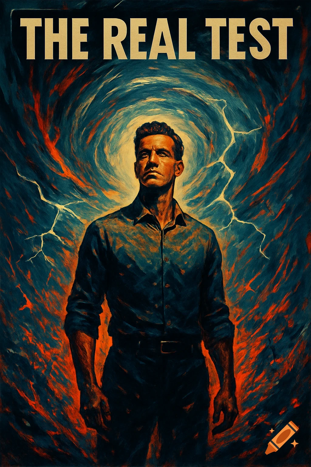 A determined man in a blue shirt stands before a swirling red and blue background with lightning. The bold text 'THE REAL TEST' is above him, in a stylized art style.