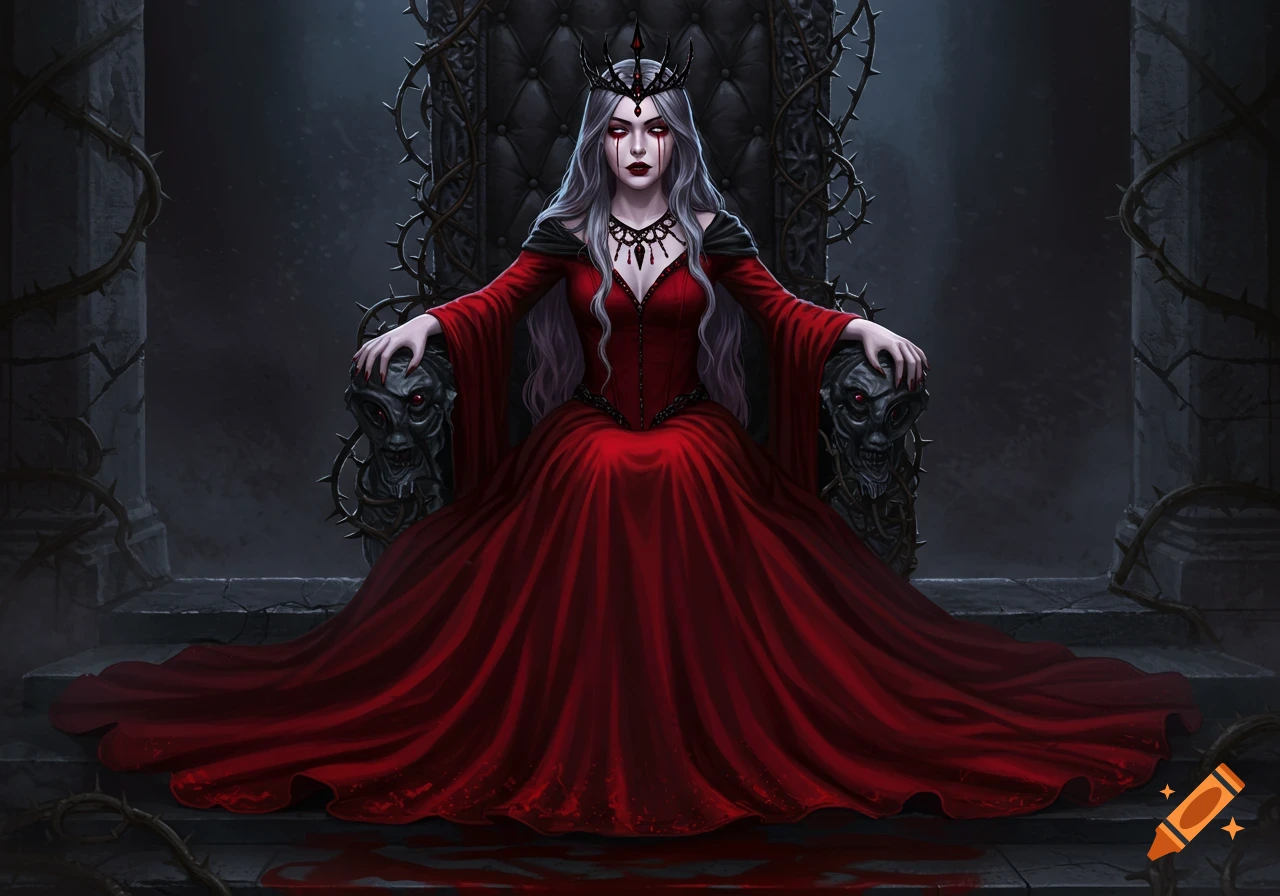 A pale queen with long white hair and glowing red eyes sits regally on a black thorny throne, wearing a flowing crimson gown, with blood pooled on the floor.
