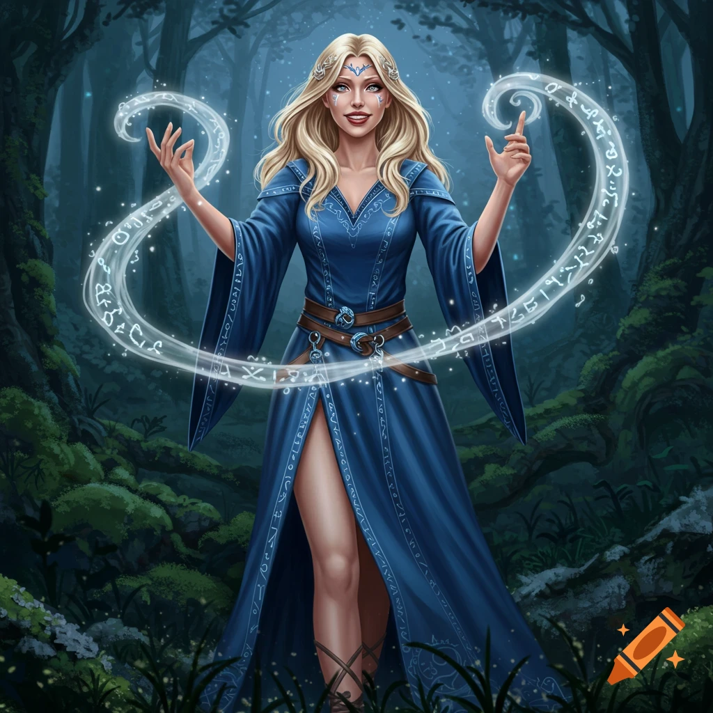 A blonde woman in a blue robe stands in a dark forest, casting a glowing magical spell with swirling symbols.