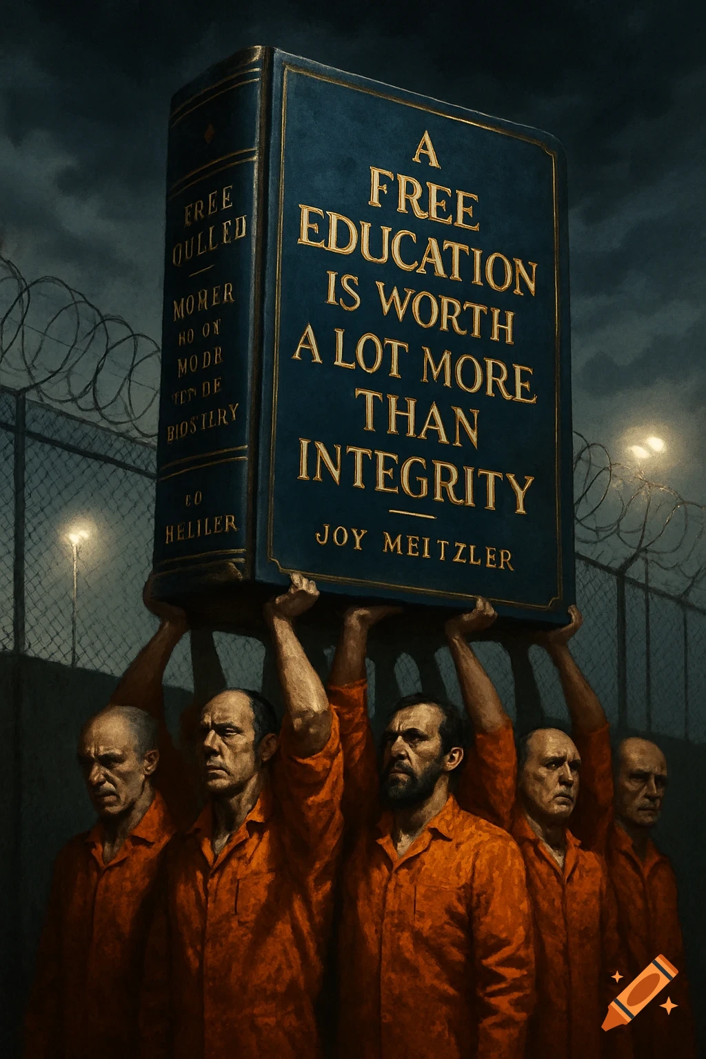 Men in orange jumpsuits hold a giant book titled "A FREE EDUCATION IS WORTH A LOT MORE THAN INTEGRITY" under a dark sky with barbed wire fence in the background.