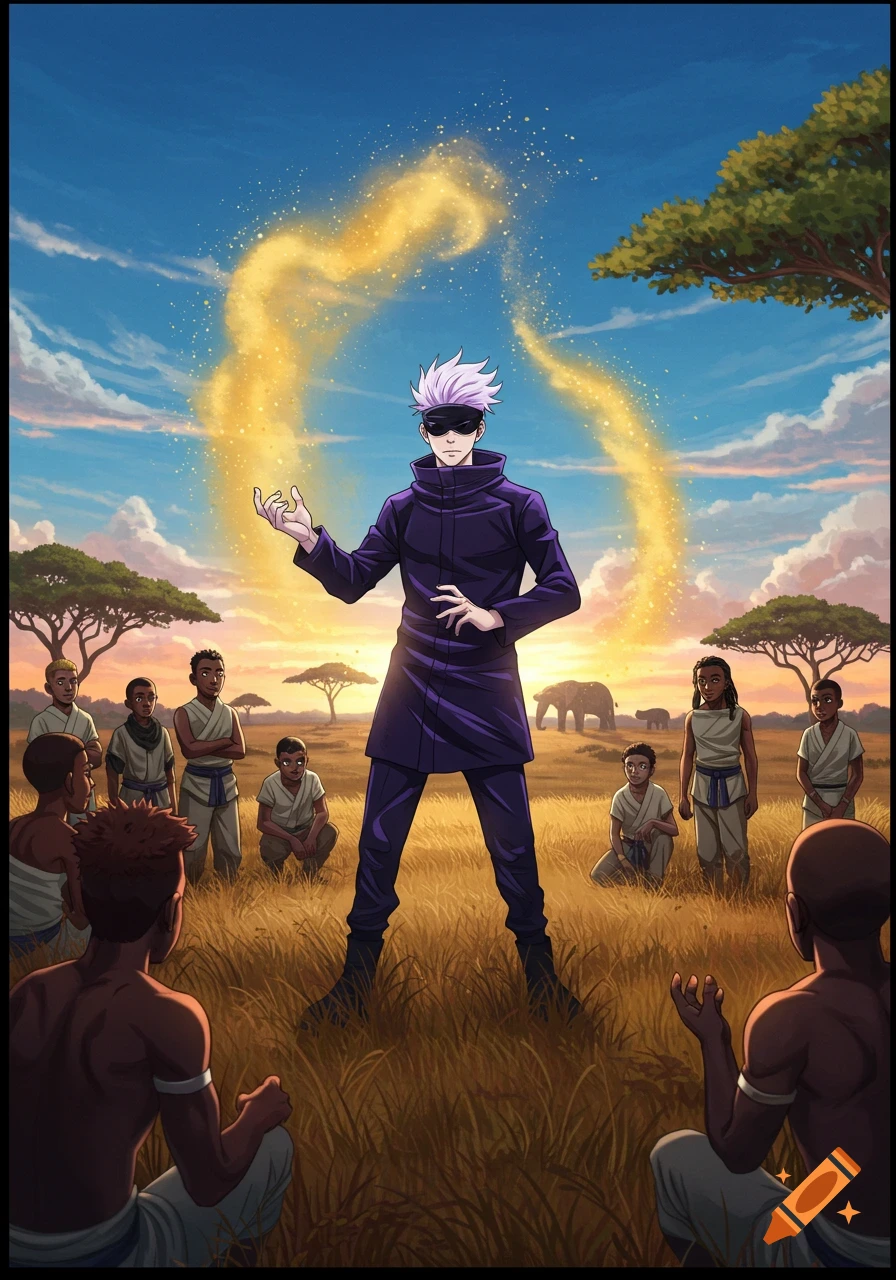 Anime character Gojo Satoru conjuring golden magic in a grassy African savanna, with children observing and elephants in the background.
