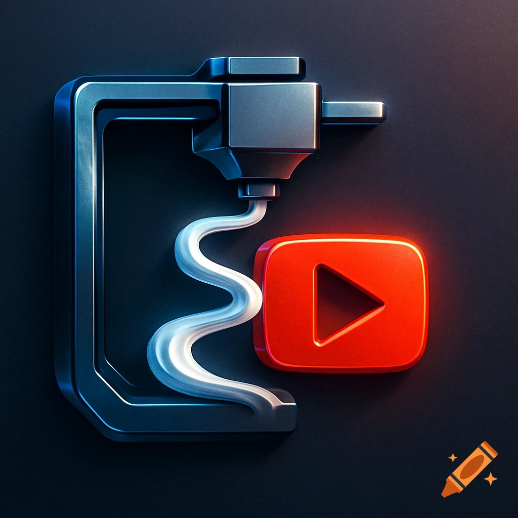 A 3D printer nozzle creating a glowing red YouTube play button logo against a dark background.