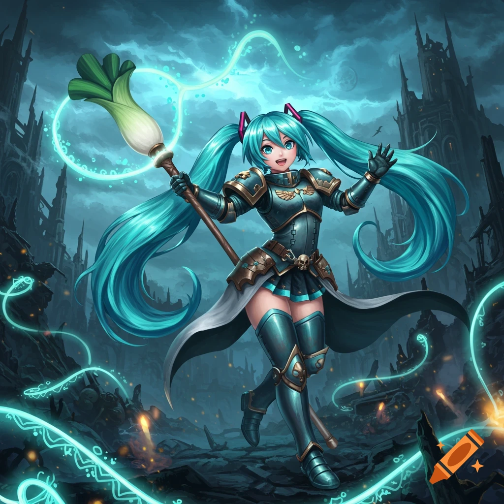 Hatsune Miku in Warhammer 40k power armor, holding a glowing leek staff, stands in a ruined, moonlit fantasy landscape with swirling teal magic.