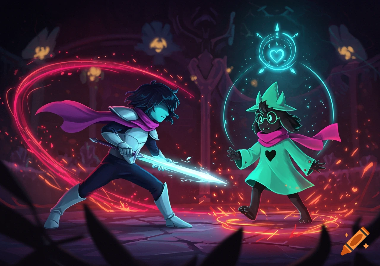 Kris and Ralsei from Deltarune in a stylized battle, Kris with a glowing sword and Ralsei with a magic aura.