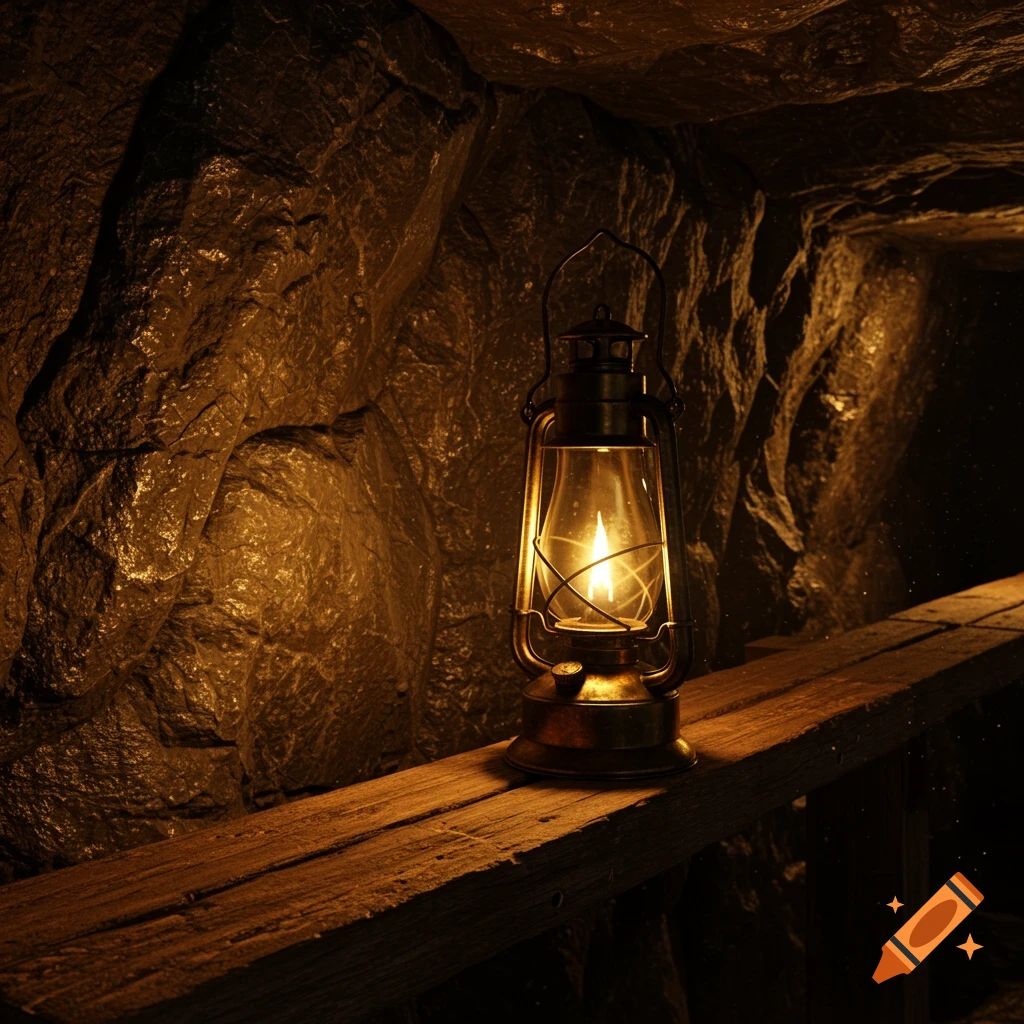 An old oil lamp illuminates a dark, rocky mine shaft, sitting on a wooden beam.